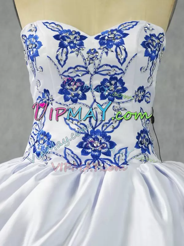 Custom Design Floor Length Blue And White Sweet 16 Quinceanera Dress Satin and Organza Sleeveless Embroidery and Ruffled Layers