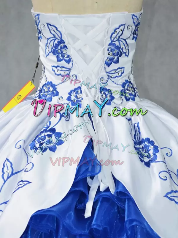 Custom Design Floor Length Blue And White Sweet 16 Quinceanera Dress Satin and Organza Sleeveless Embroidery and Ruffled Layers