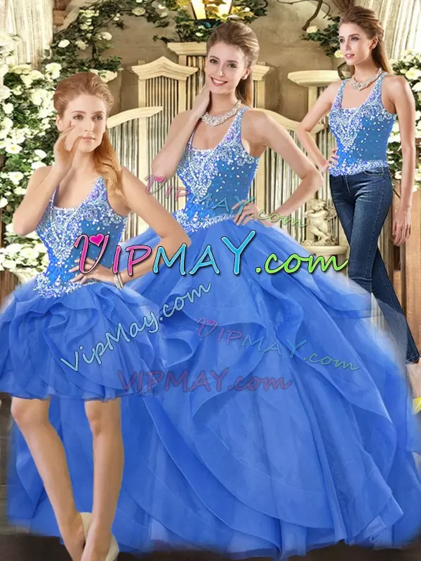 Colorful Straps Sleeveless Tulle Sweet 16 Dress Beading and Ruffles Lace Up