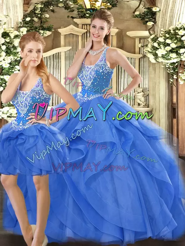 Colorful Straps Sleeveless Tulle Sweet 16 Dress Beading and Ruffles Lace Up