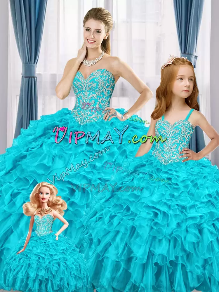 Dramatic Floor Length Blue Quince Ball Gowns Sweetheart Sleeveless Lace Up