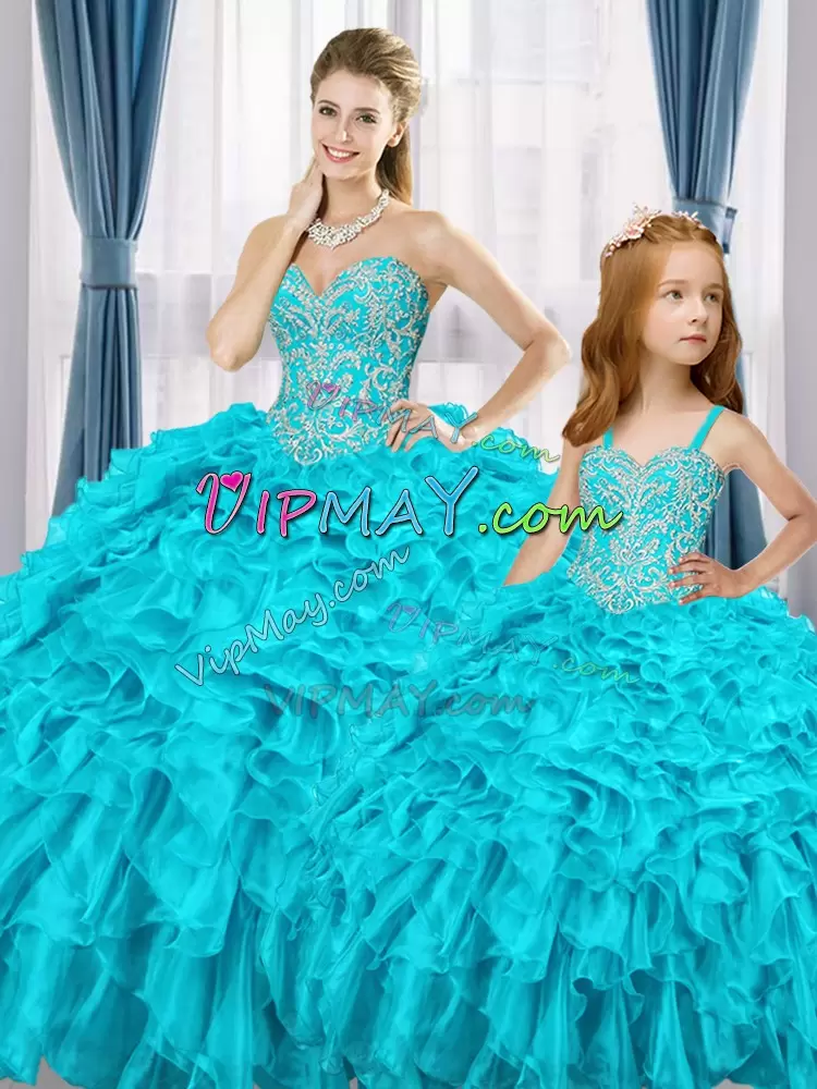 Dramatic Floor Length Blue Quince Ball Gowns Sweetheart Sleeveless Lace Up