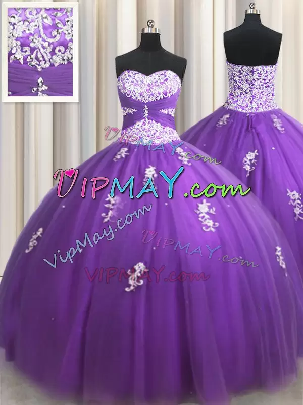 Glittering Sweetheart Sleeveless Tulle 15th Birthday Dress Beading and Appliques Zipper