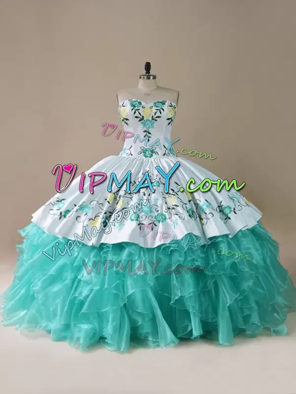 Aqua And White Organza 15 Quinceanera Dress Floral Embroidery