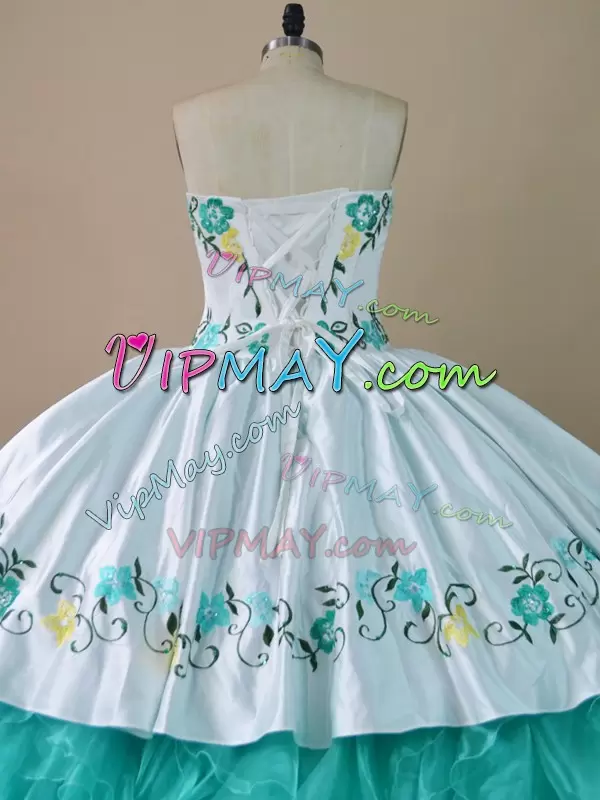 Aqua And White Organza 15 Quinceanera Dress Floral Embroidery
