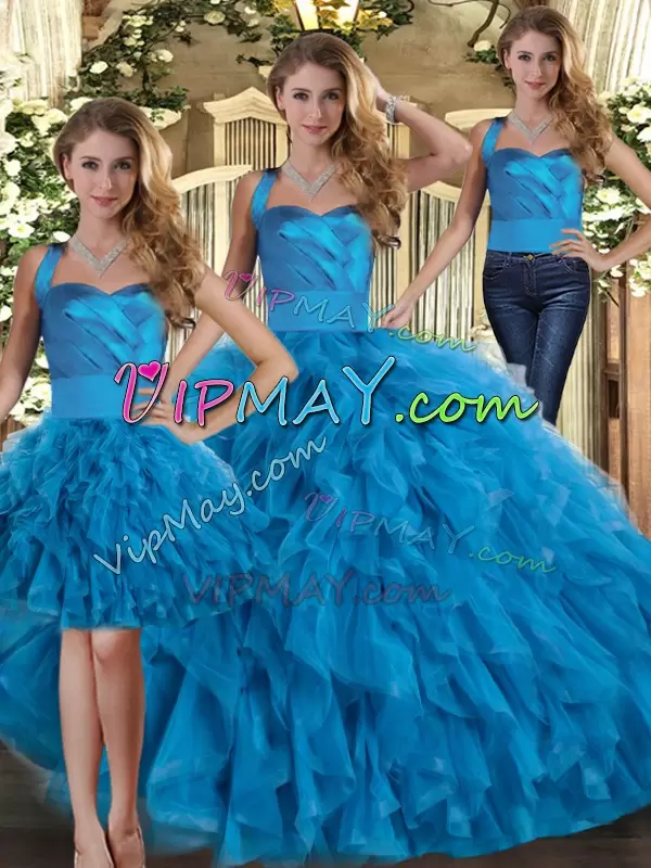 Discount Blue Sleeveless Tulle Lace Up Sweet 16 Quinceanera Dress for Military Ball and Sweet 16 and Quinceanera