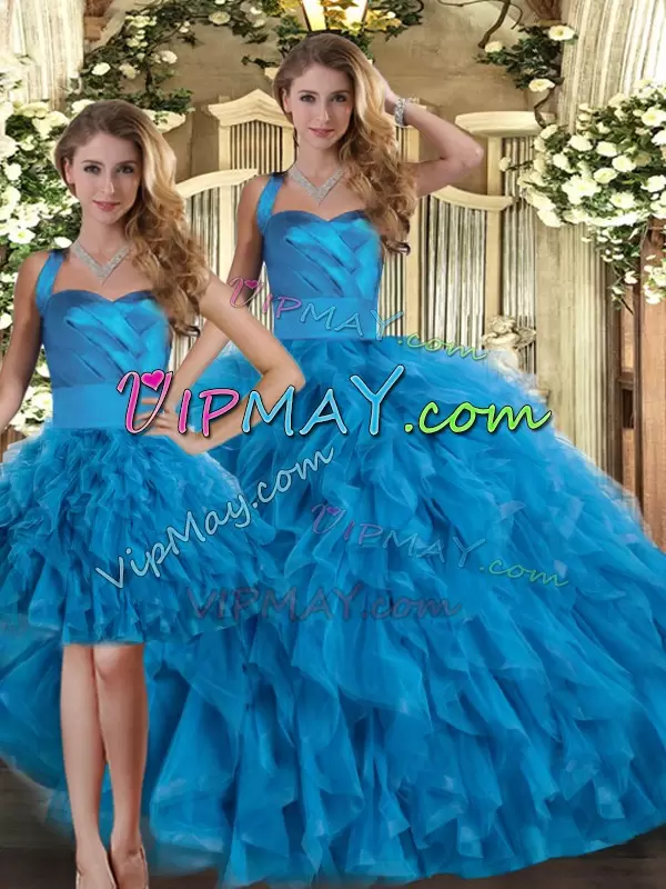 Discount Blue Sleeveless Tulle Lace Up Sweet 16 Quinceanera Dress for Military Ball and Sweet 16 and Quinceanera