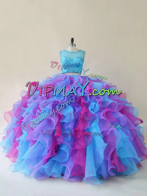 Classical Scoop Sleeveless Organza 15th Birthday Dress Beading and Ruffles Lace Up