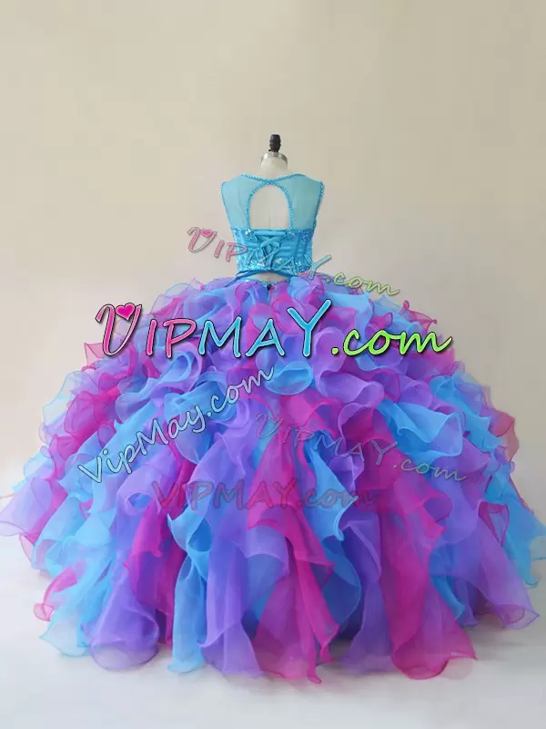 Classical Scoop Sleeveless Organza 15th Birthday Dress Beading and Ruffles Lace Up