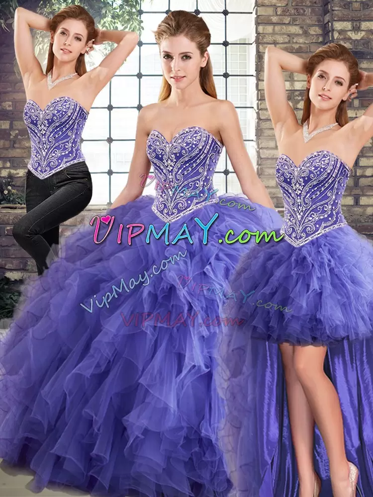 Floor Length Lavender Vestidos de Quinceanera Tulle Sleeveless Beading and Ruffles