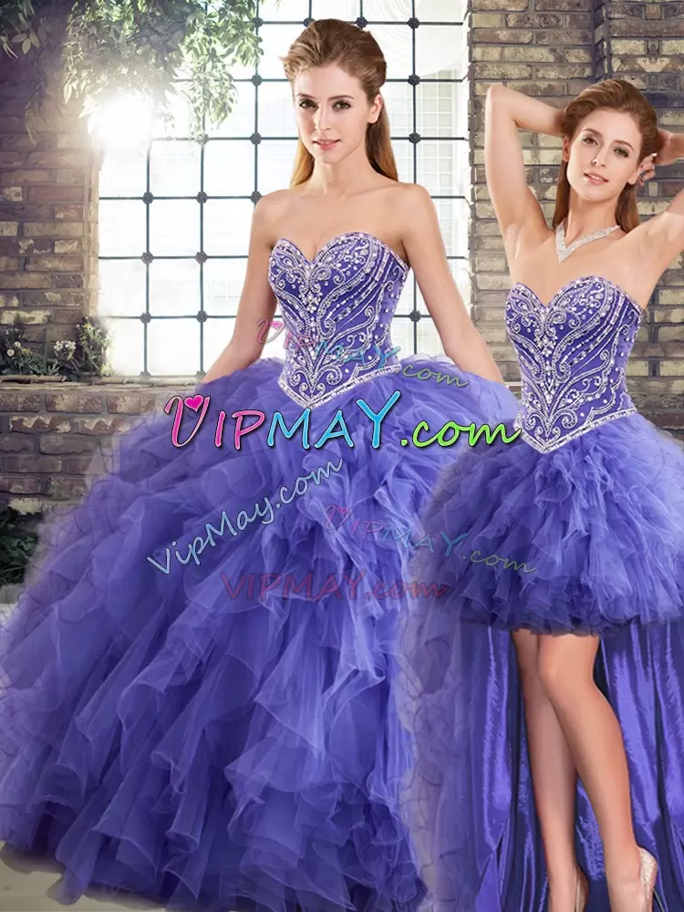 Floor Length Lavender Vestidos de Quinceanera Tulle Sleeveless Beading and Ruffles