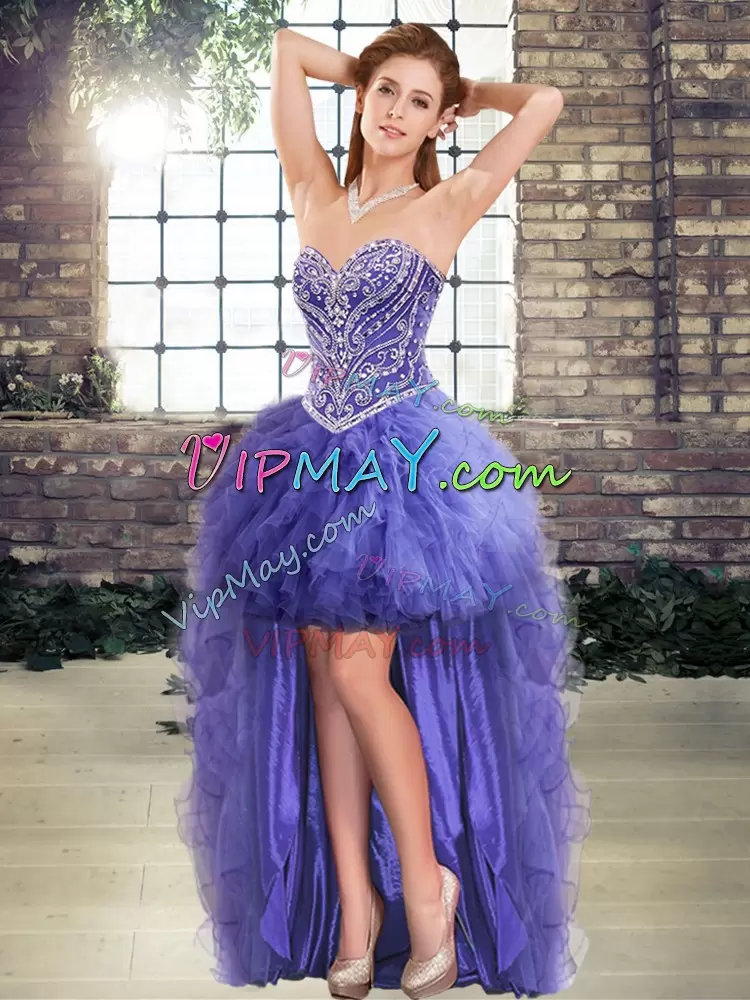 Floor Length Lavender Vestidos de Quinceanera Tulle Sleeveless Beading and Ruffles