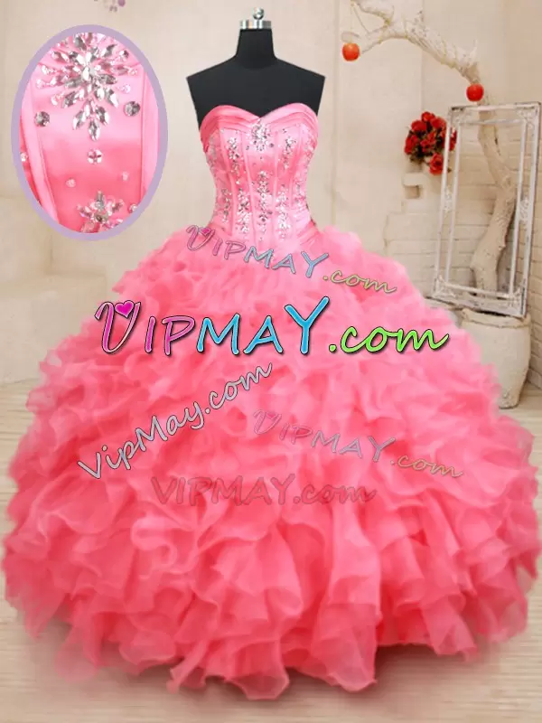 Beading and Ruffles 15th Birthday Dress Pink Lace Up Sleeveless Floor Length