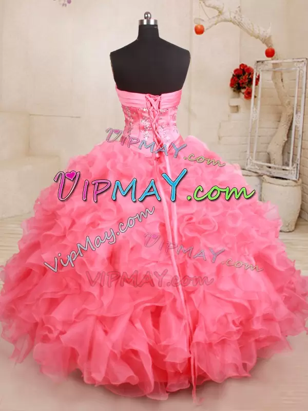 Beading and Ruffles 15th Birthday Dress Pink Lace Up Sleeveless Floor Length