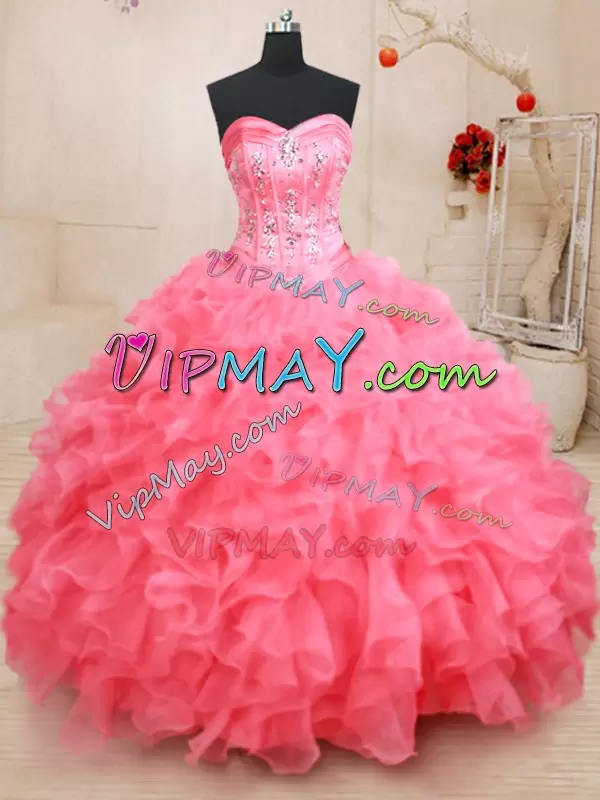 Beading and Ruffles 15th Birthday Dress Pink Lace Up Sleeveless Floor Length