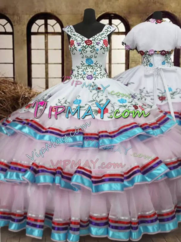 Colorful Organza and Taffeta Multi Color Embroidery and Ruffled Layers 15 Quinceanera Dress with Jacket