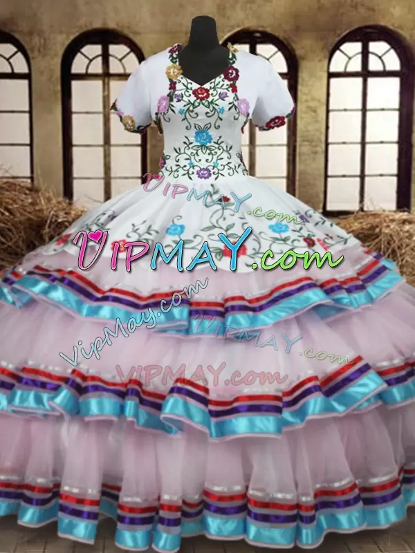 Colorful Organza and Taffeta Multi Color Embroidery and Ruffled Layers 15 Quinceanera Dress with Jacket