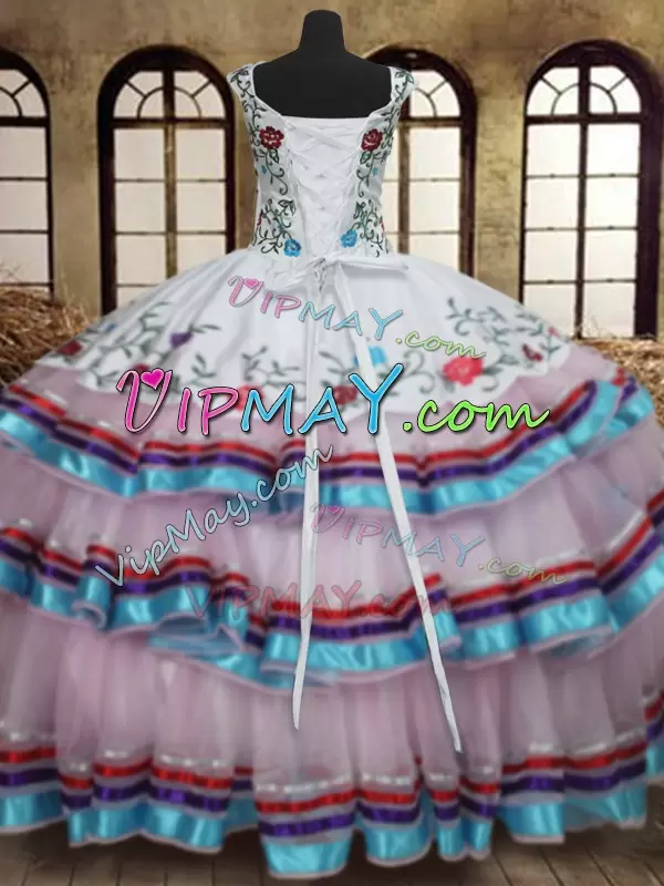 Colorful Organza and Taffeta Multi Color Embroidery and Ruffled Layers 15 Quinceanera Dress with Jacket