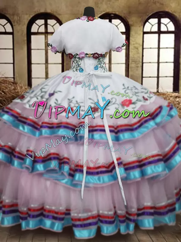 Colorful Organza and Taffeta Multi Color Embroidery and Ruffled Layers 15 Quinceanera Dress with Jacket