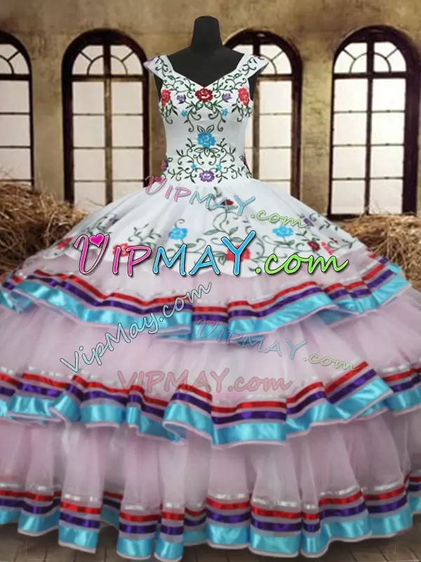 Colorful Organza and Taffeta Multi Color Embroidery and Ruffled Layers 15 Quinceanera Dress with Jacket