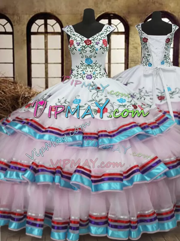 Colorful Organza and Taffeta Multi Color Embroidery and Ruffled Layers 15 Quinceanera Dress with Jacket