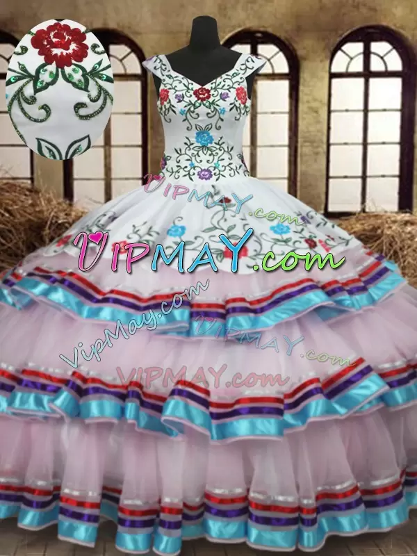 Colorful Organza and Taffeta Multi Color Embroidery and Ruffled Layers 15 Quinceanera Dress with Jacket