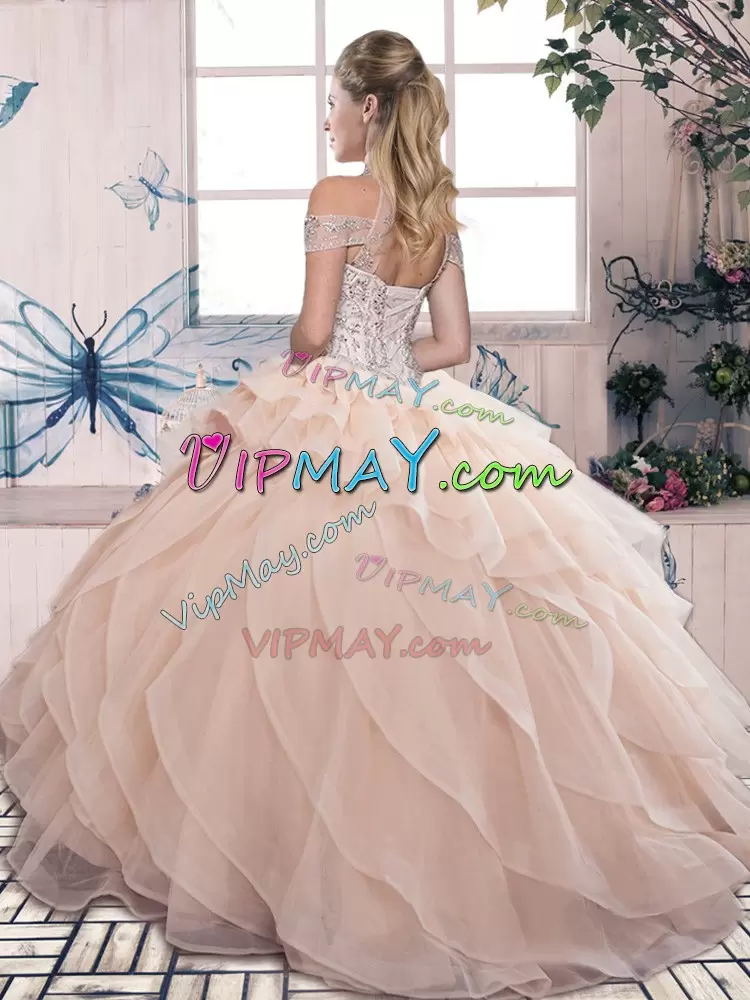 High-neck Sleeveless Lace Up Quinceanera Gowns Royal Blue Organza Beading and Ruffled Layers