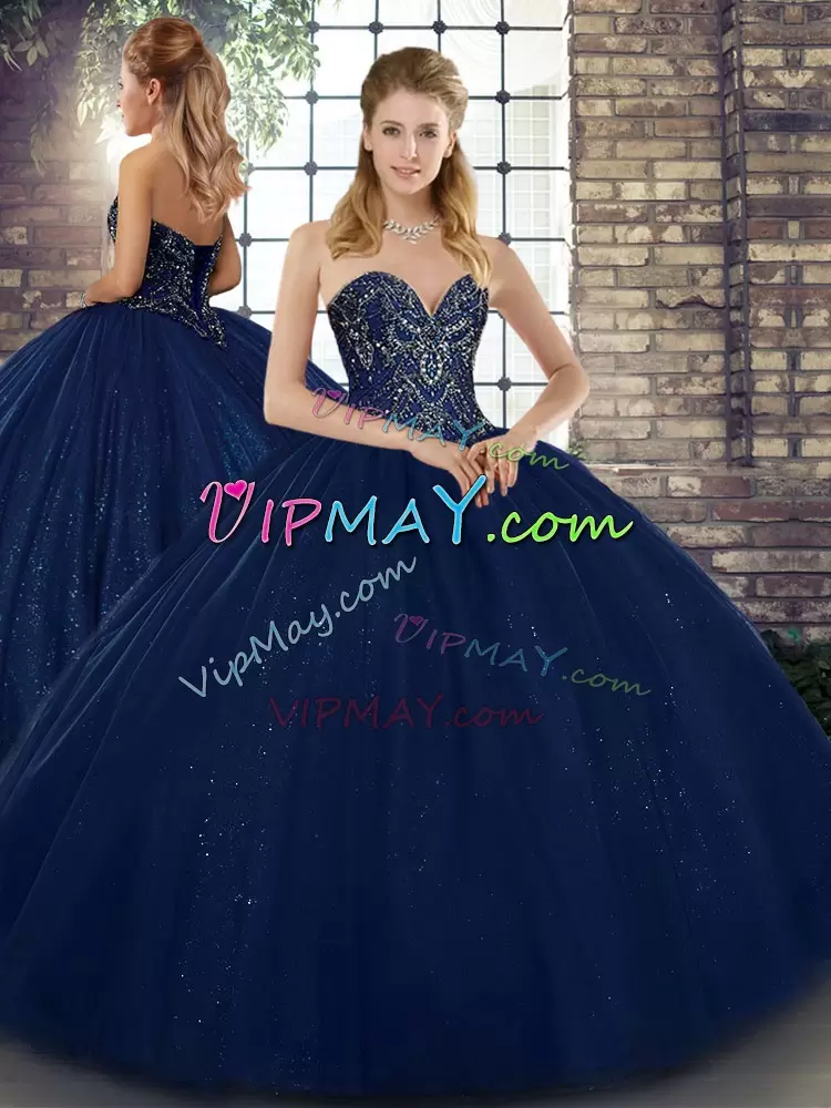 Wonderful Navy Blue Lace Up Sweetheart Beading Sweet 16 Dress Tulle Sleeveless