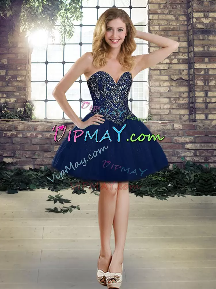 Wonderful Navy Blue Lace Up Sweetheart Beading Sweet 16 Dress Tulle Sleeveless