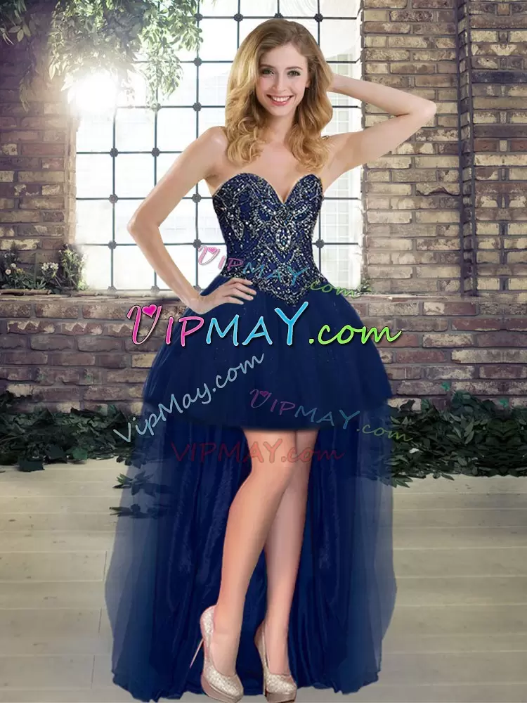 Wonderful Navy Blue Lace Up Sweetheart Beading Sweet 16 Dress Tulle Sleeveless