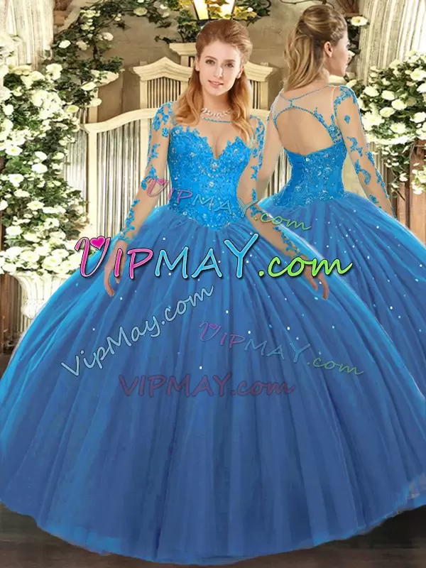 Glamorous Long Sleeves Floor Length Lace Lace Up Quinceanera Gowns with Teal