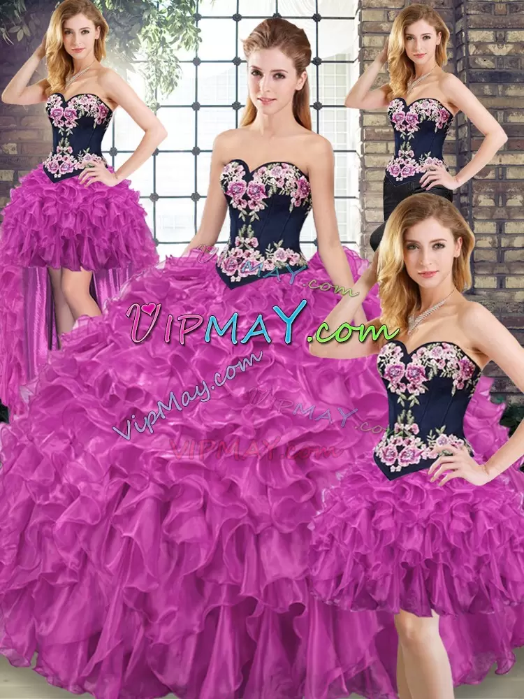 Embroidery and Ruffles Sweet 16 Quinceanera Dress Fuchsia Lace Up Sleeveless Sweep Train