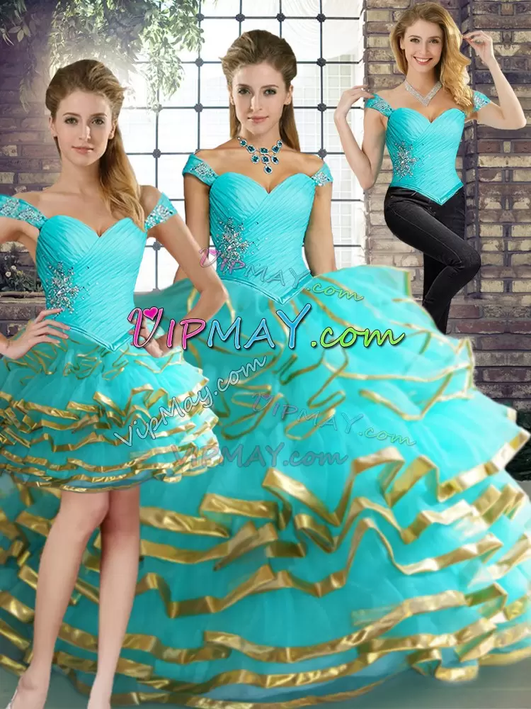 Attractive Aqua Blue Tulle Lace Up Off The Shoulder Sleeveless Floor Length Sweet 16 Dresses Beading and Ruffled Layers