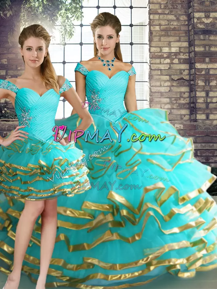 Attractive Aqua Blue Tulle Lace Up Off The Shoulder Sleeveless Floor Length Sweet 16 Dresses Beading and Ruffled Layers