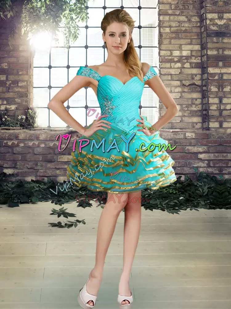 Attractive Aqua Blue Tulle Lace Up Off The Shoulder Sleeveless Floor Length Sweet 16 Dresses Beading and Ruffled Layers