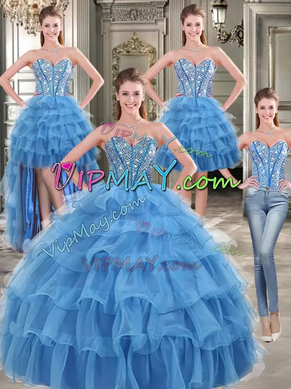 Inexpensive Beading and Ruffled Layers Sweet 16 Dress Blue Lace Up Sleeveless Floor Length