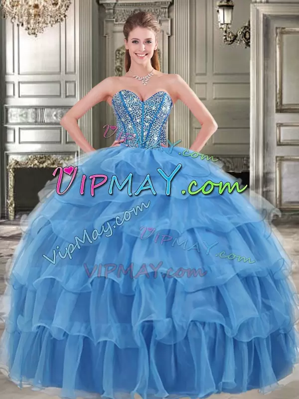 Inexpensive Beading and Ruffled Layers Sweet 16 Dress Blue Lace Up Sleeveless Floor Length