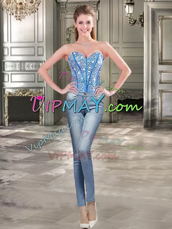 Inexpensive Beading and Ruffled Layers Sweet 16 Dress Blue Lace Up Sleeveless Floor Length