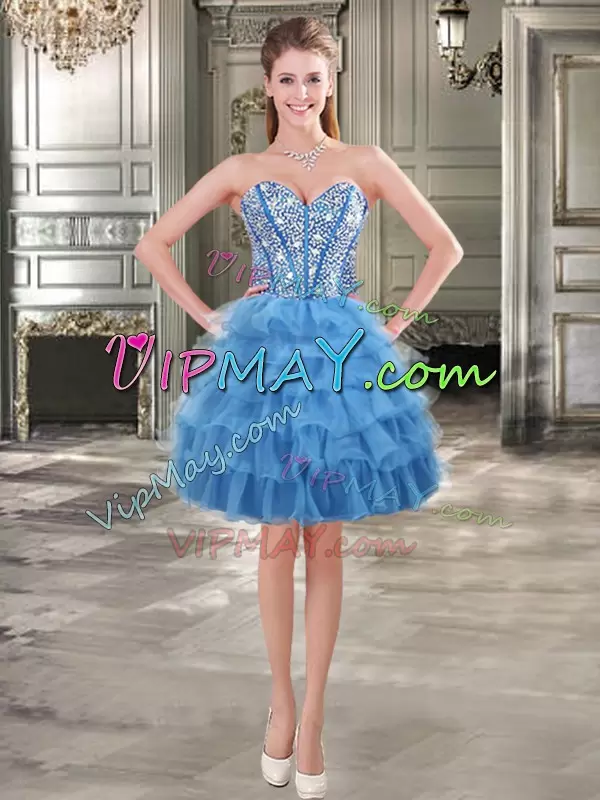 Inexpensive Beading and Ruffled Layers Sweet 16 Dress Blue Lace Up Sleeveless Floor Length