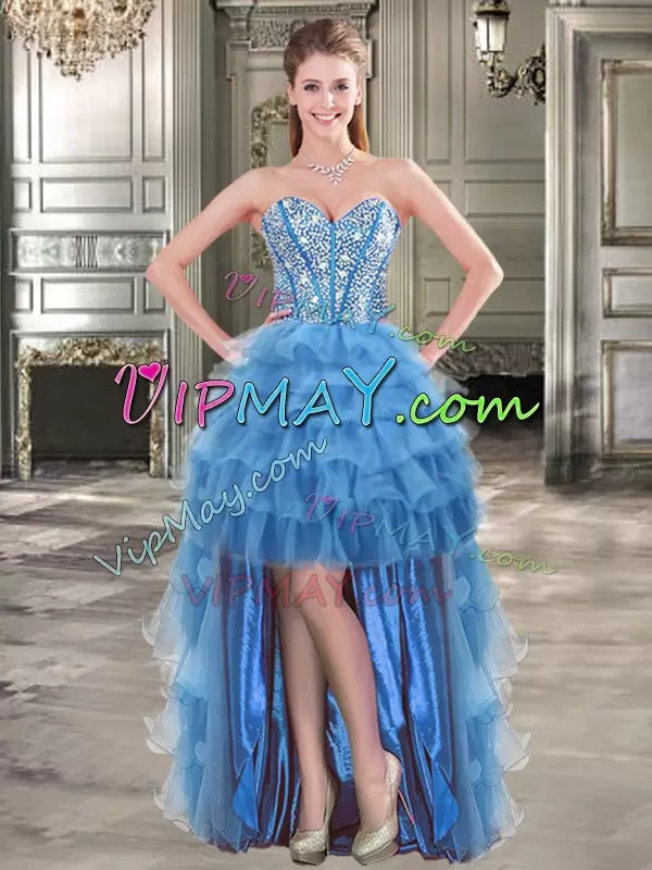 Inexpensive Beading and Ruffled Layers Sweet 16 Dress Blue Lace Up Sleeveless Floor Length