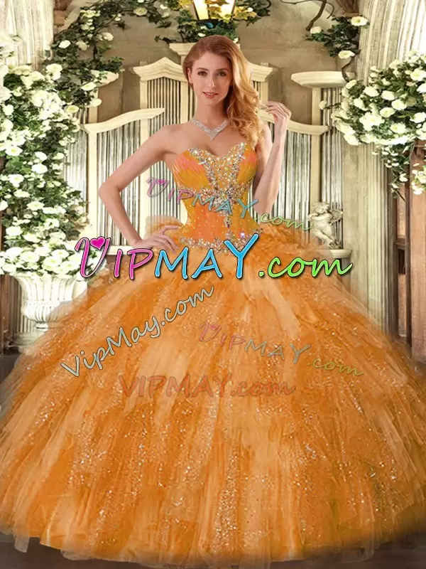 Ball Gowns 15th Birthday Dress Orange Sweetheart Organza Sleeveless Lace Up