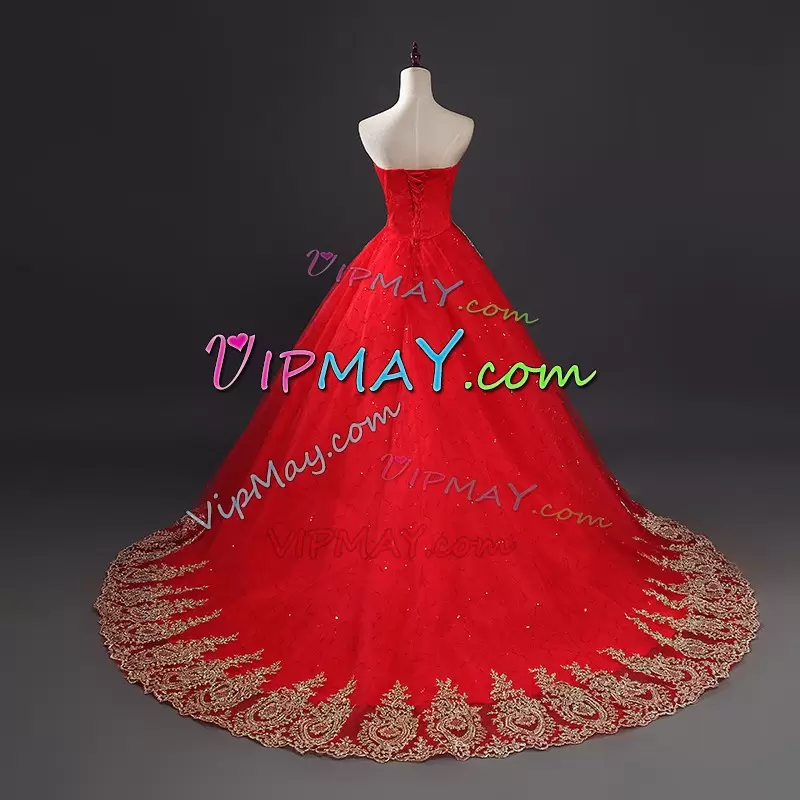 Inexpensive Shunning Red Quinceanera Dress with Gold Appliques