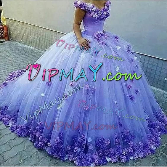 Sleeveless Floor Length Hand Made Flower Lace Up 15 Quinceanera Dress with Lavender