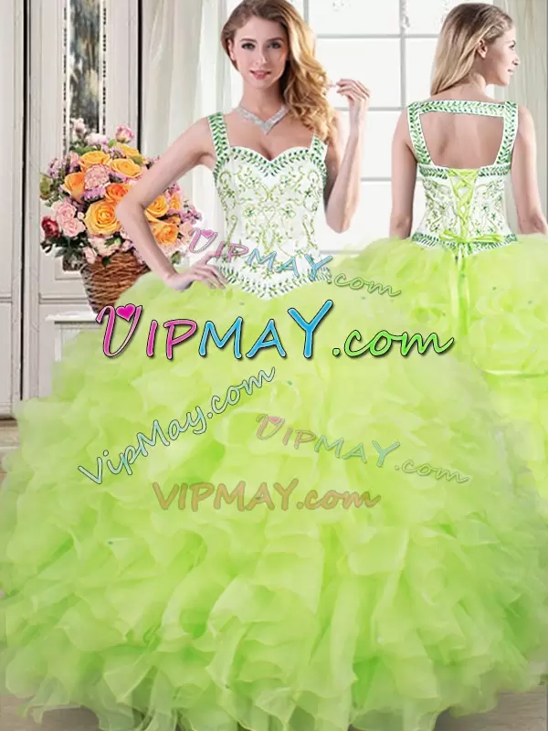 Straps Sleeveless Quinceanera Gowns Floor Length Beading and Lace and Ruffles Yellow Green Organza