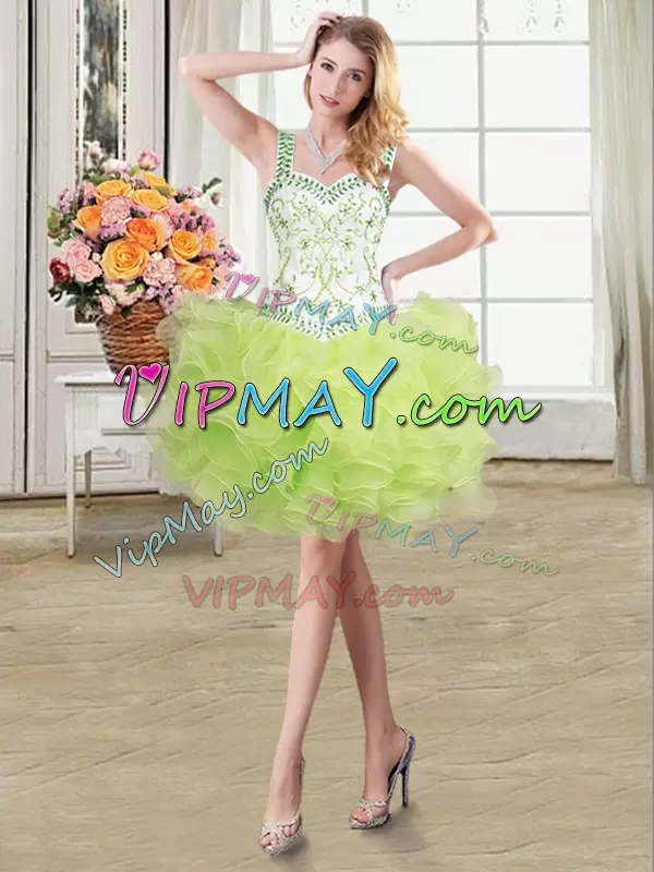 Straps Sleeveless Quinceanera Gowns Floor Length Beading and Lace and Ruffles Yellow Green Organza