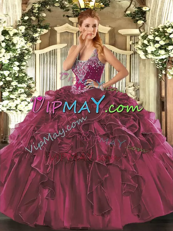 Flare Burgundy Straps Neckline Beading and Ruffles Sweet 16 Quinceanera Dress Sleeveless Lace Up