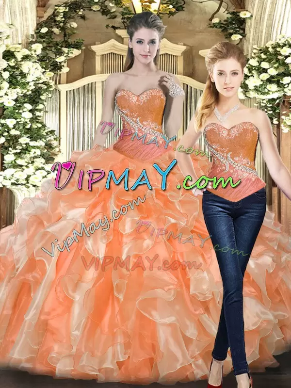 Sexy Sleeveless Sweetheart Lace Up Floor Length Beading and Ruffles Vestidos de Quinceanera Sweetheart