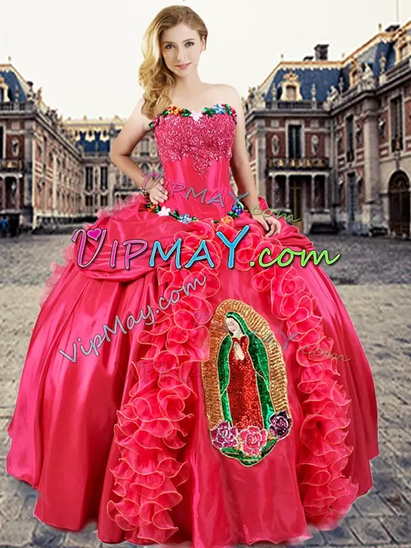 Chic Sleeveless Sweetheart Lace Up Floor Length Beading and Appliques and Ruffles Quinceanera Dresses Sweetheart
