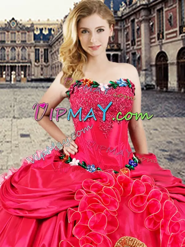 Chic Sleeveless Sweetheart Lace Up Floor Length Beading and Appliques and Ruffles Quinceanera Dresses Sweetheart