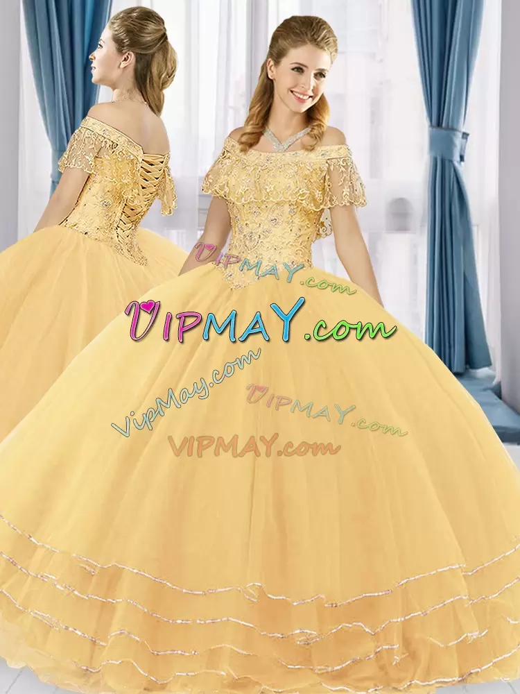 Fabulous Off The Shoulder Sleeveless Sweet 16 Quinceanera Dress Floor Length Beading and Lace Gold Tulle